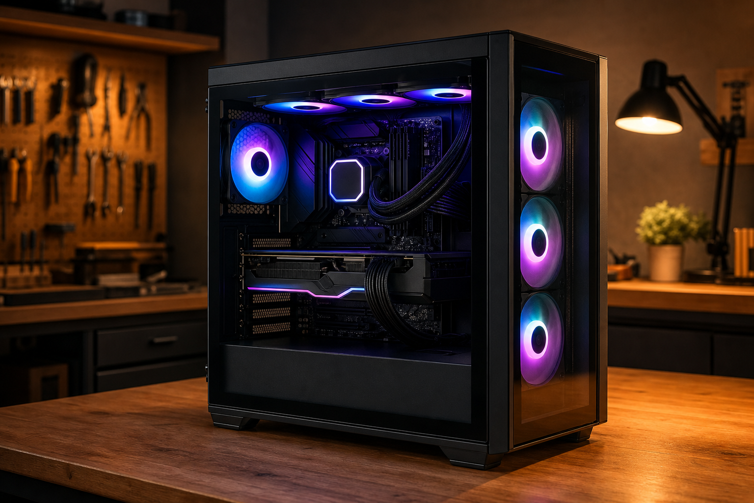 Configuration PC gaming terminée avec panneau vitré et ventilateurs RGB sur un bureau en bois