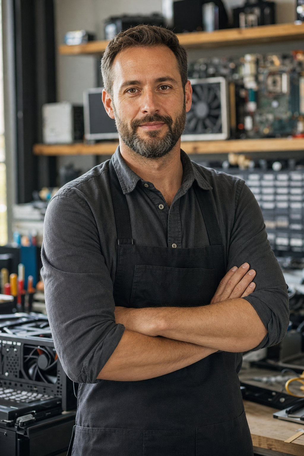 Mathieu Brunel, technicien de l'atelier Processeur, dans son atelier d'Épinal avec une carte mère en main